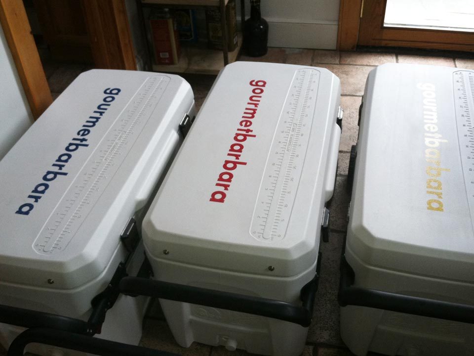 Gourmet Barbara coolers, packed for the race course